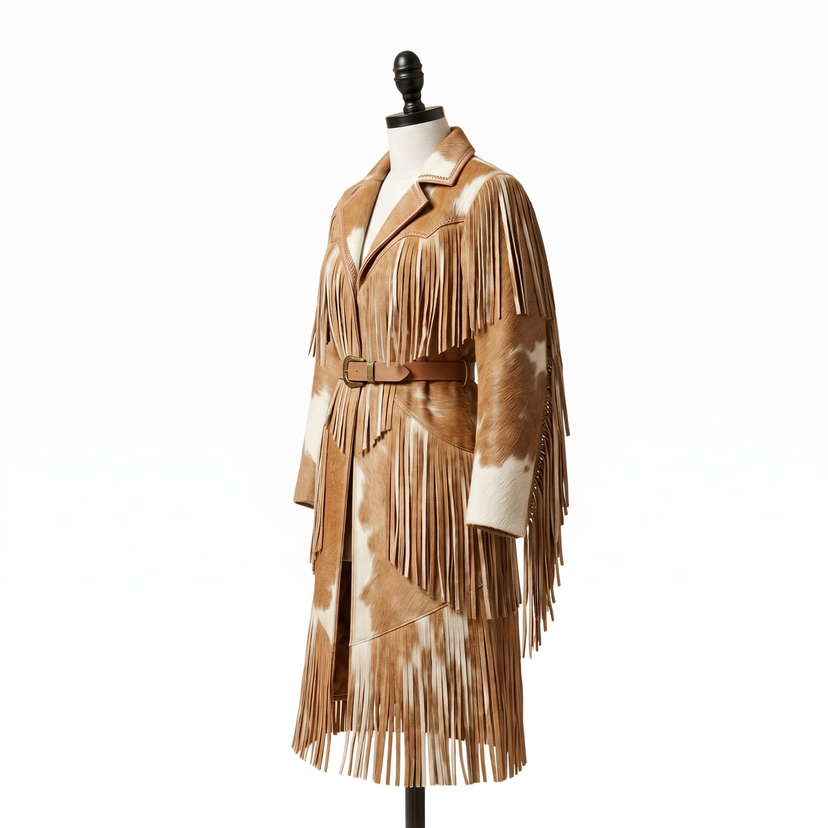 Women's Western Cowhide Leather Trench Coat with Fringes