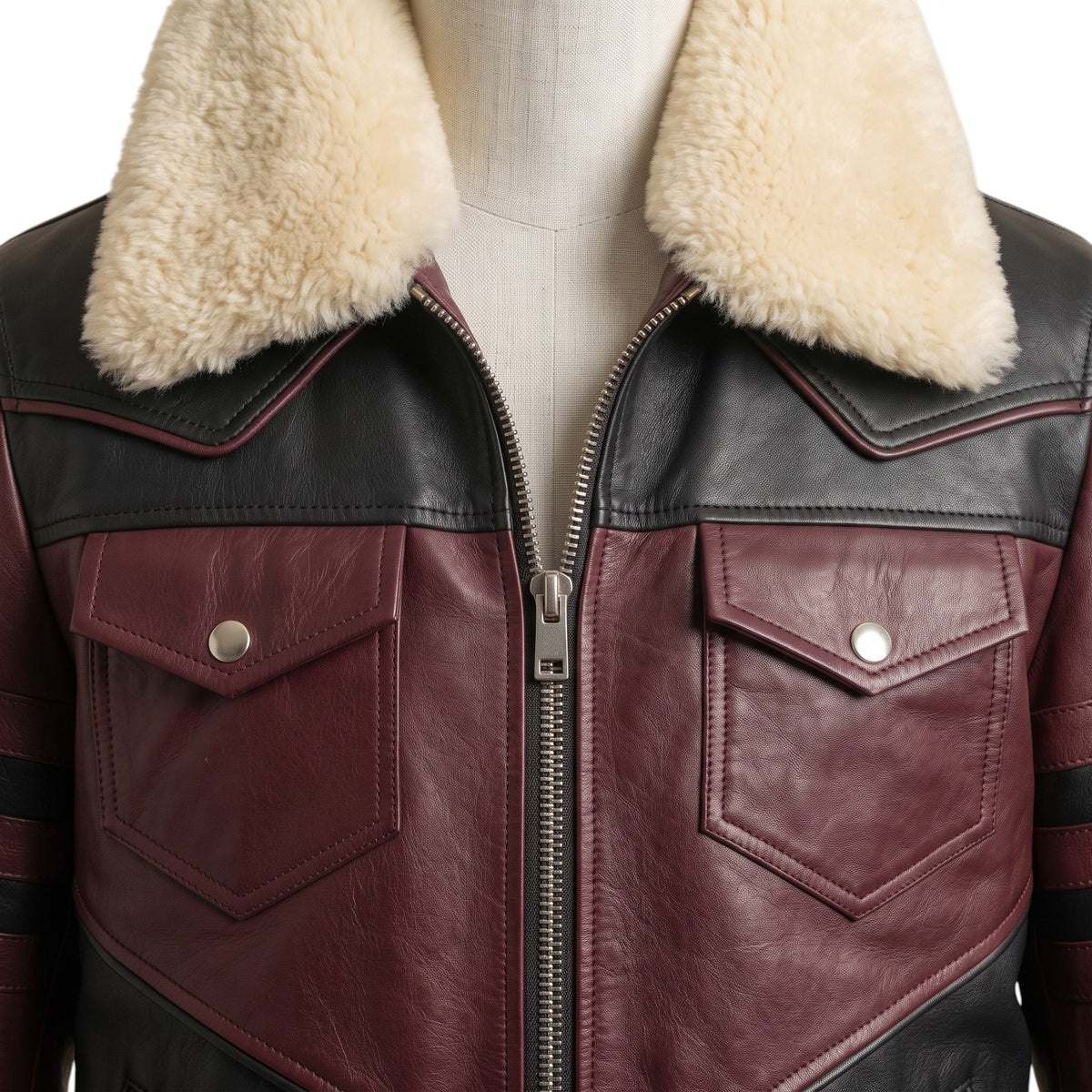 Men's Shearling Collar Leather Bomber Jacket -Maroon & Black