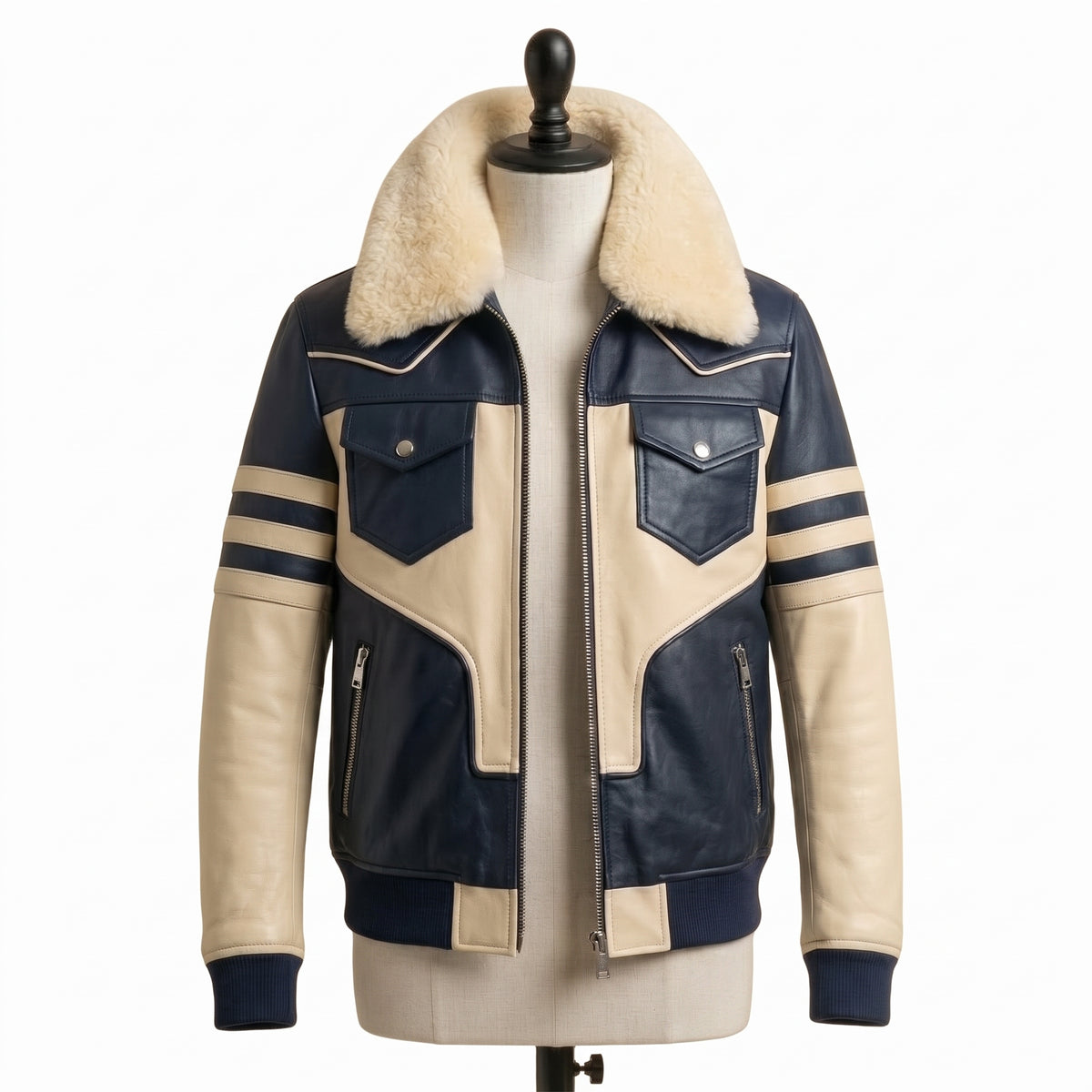 Men's Shearling Collar Leather Bomber Jacket