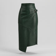 Buckled High-Waisted Leather Midi Skirt – Dark Green