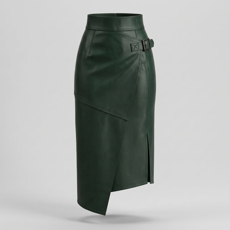 Buckled High-Waisted Leather Midi Skirt – Dark Green