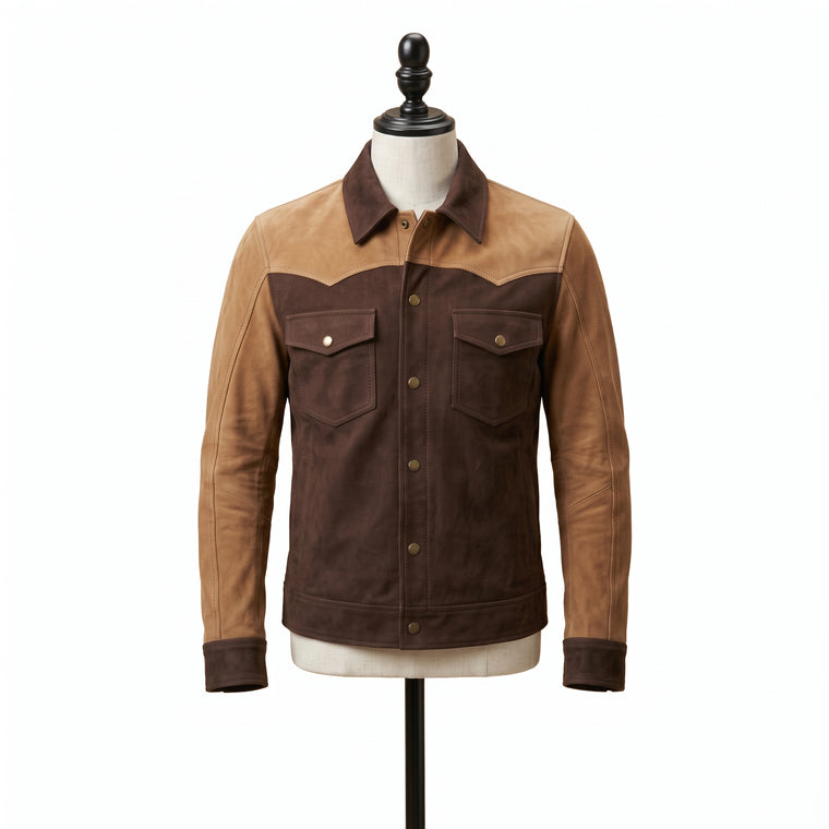 Men's Two-Tone Western Suede Leather Trucker Jacket