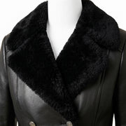 Women’s Double-Breasted Leather Trench Coat with Fur Collar