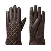 "A pair of dark brown leather gloves shown side by side — the left glove displaying diamond-quilted stitching on the back of the hand, and the right glove showing the palm side with thumb visible."