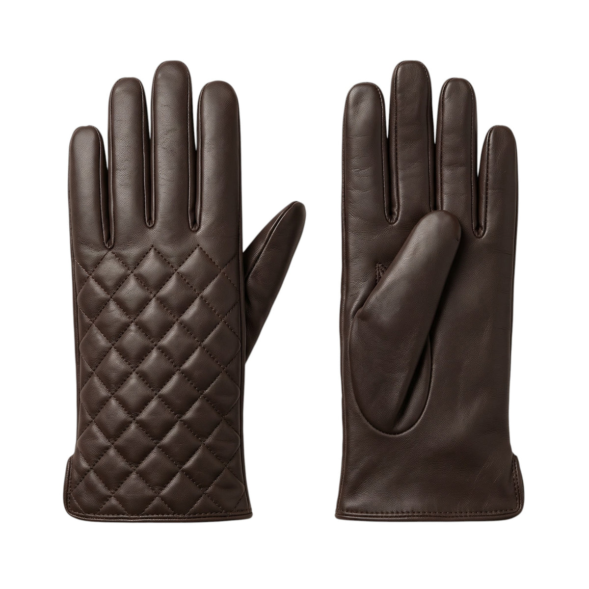 "A pair of dark brown leather gloves shown side by side — the left glove displaying diamond-quilted stitching on the back of the hand, and the right glove showing the palm side with thumb visible."