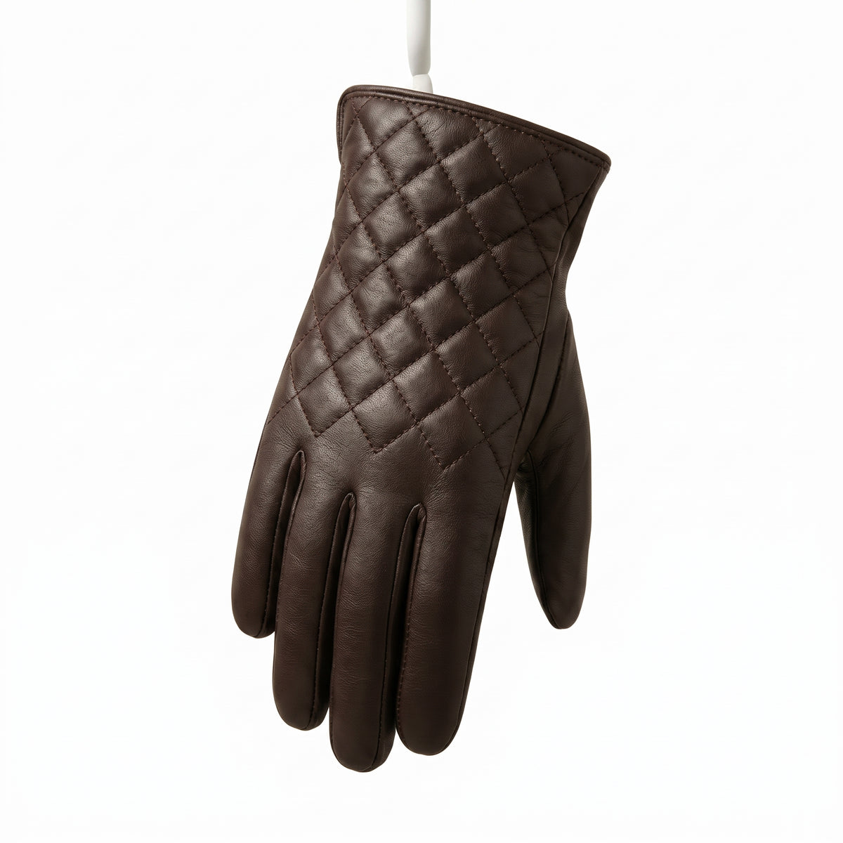 "A single dark brown leather glove hanging against a white background, showing a diamond-quilted stitching pattern on the back of the hand."