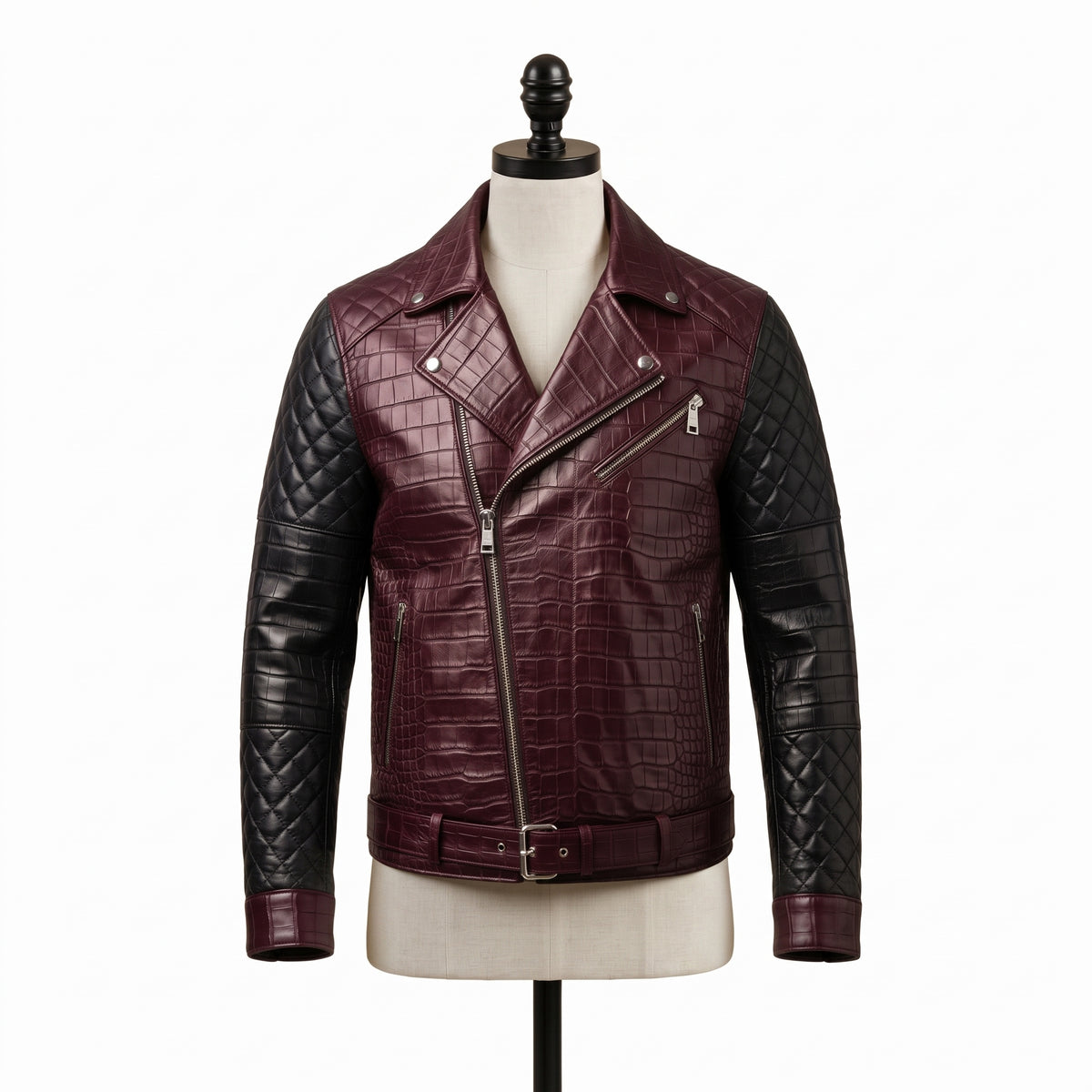 A men's moto-style leather jacket displayed on a cream mannequin torso against a white background. 