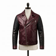 A men's moto-style leather jacket displayed on a cream mannequin torso against a white background. 