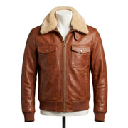 Premium Cognac Leather Racer Bomber Jacket
