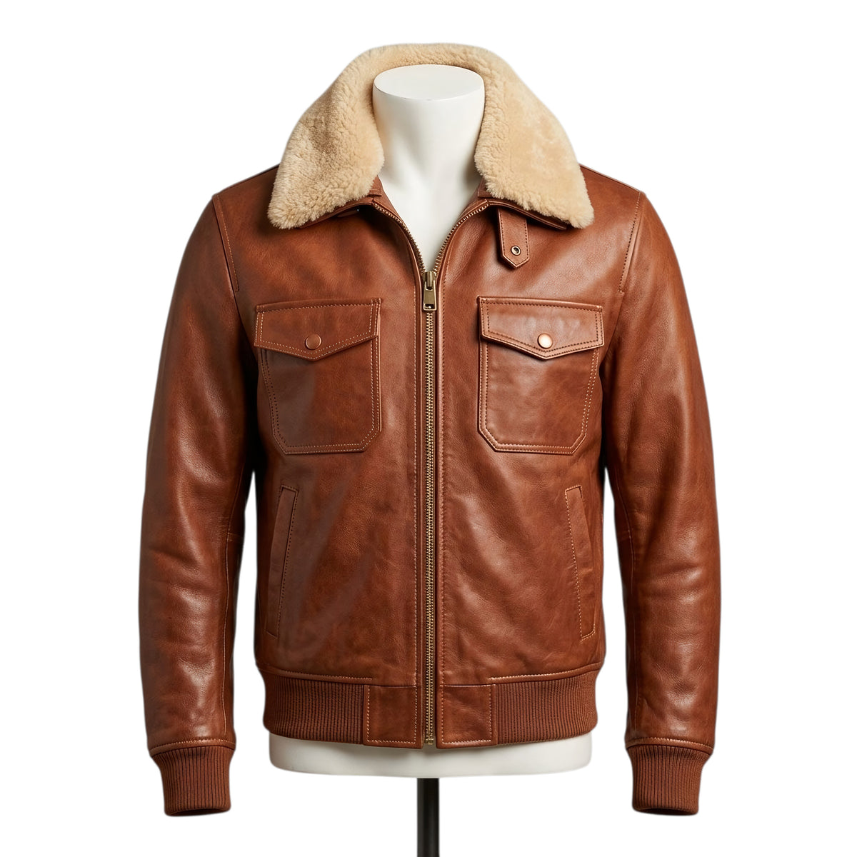 Premium Cognac Leather Racer Bomber Jacket