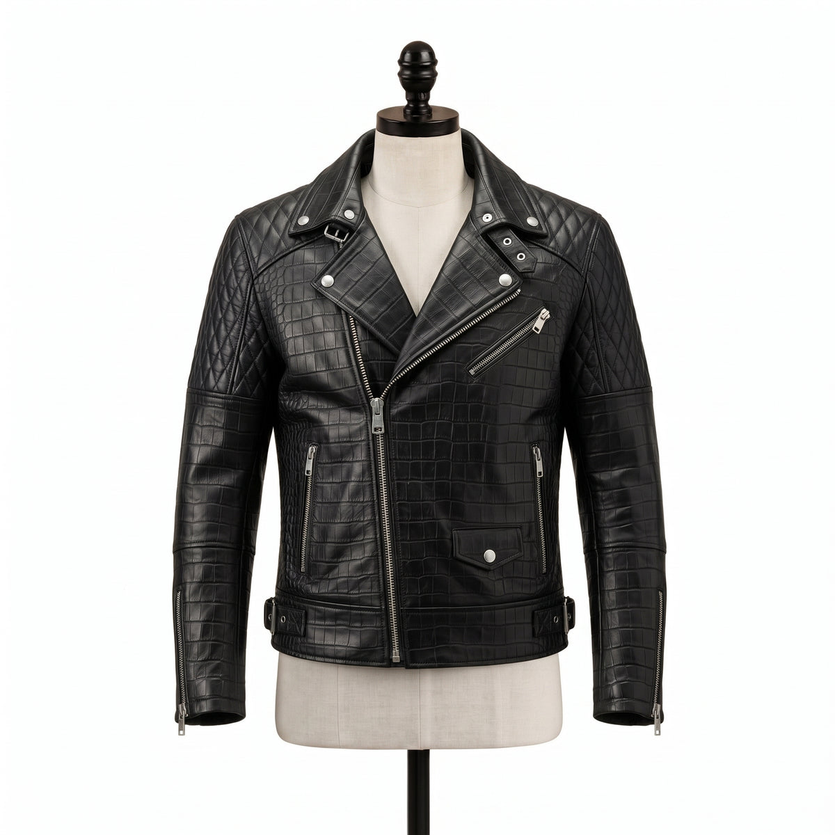 Men's Black Crocodile Embossed Quilted Leather Biker Jacket