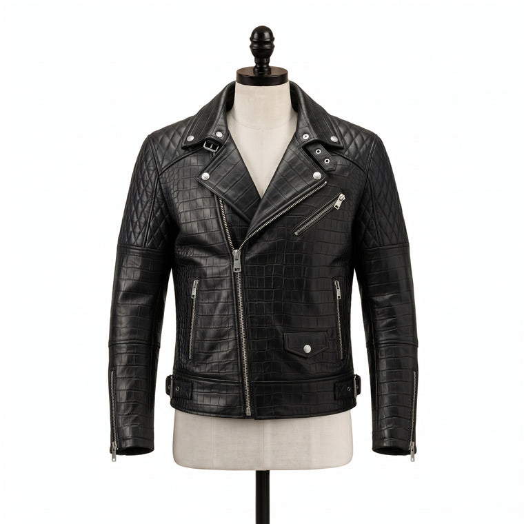 Men's Black Crocodile Embossed Quilted Leather Biker Jacket