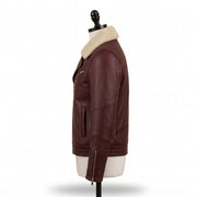 Men's Burgundy Leather Biker Jacket with Shearling Collar