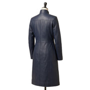 "Angled back view of a navy blue leather coat with a stand collar and fitted A-line silhouette, displayed on a mannequin against a white background."