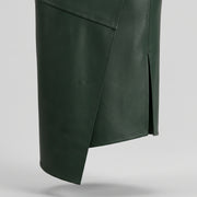 Buckled High-Waisted Leather Midi Skirt – Dark Green