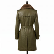 Women’s Olive Green Leather Trench Coat with Fur Collar