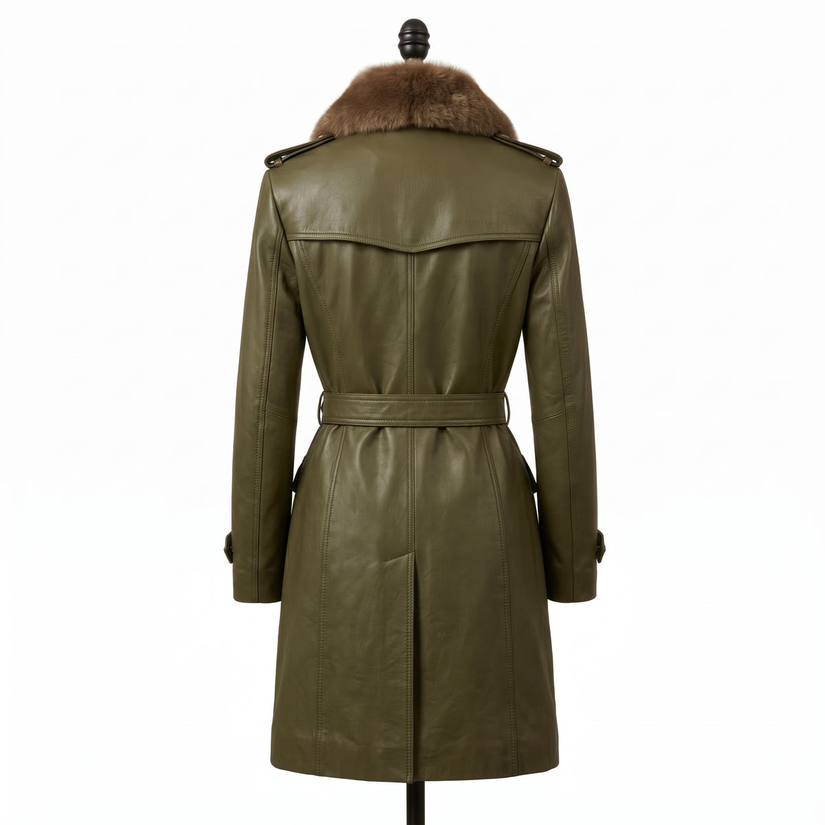 Women’s Olive Green Leather Trench Coat with Fur Collar