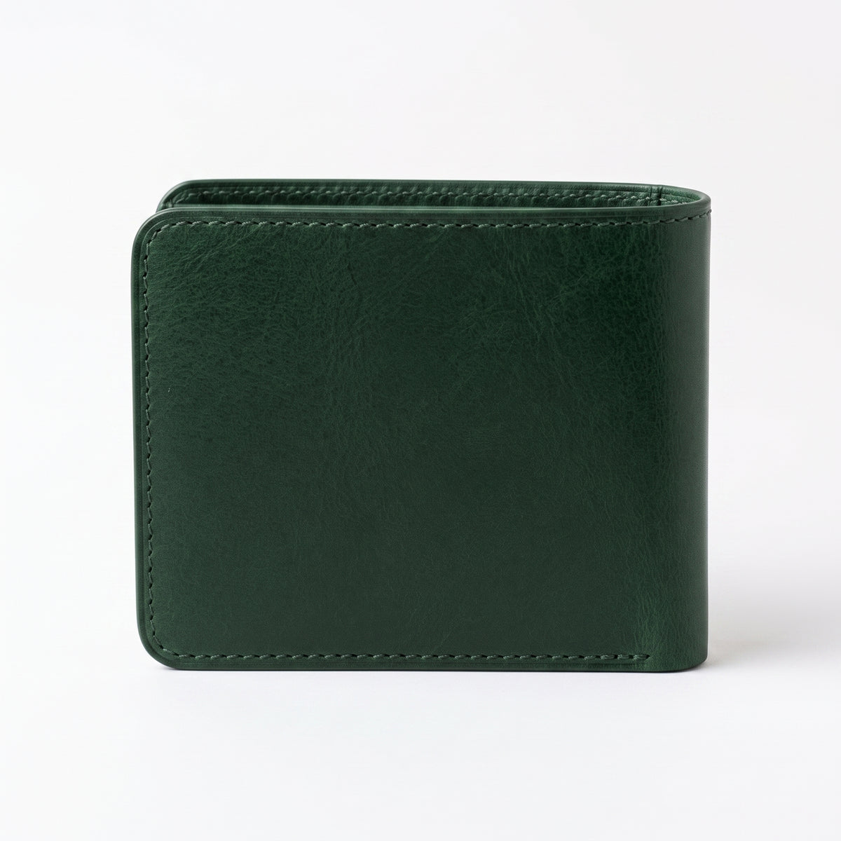 A dark green leather bifold wallet with visible stitching, standing upright on a clean white background.