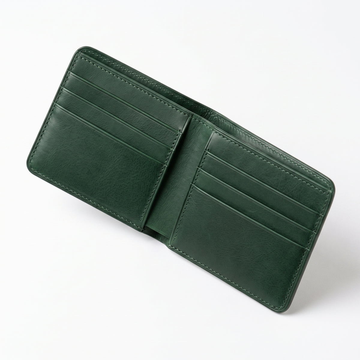 A dark green leather bifold wallet shown open, displaying multiple card slots on both the inside and outside, set against a plain white background.