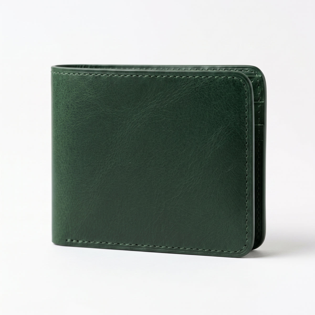 A dark green leather bifold wallet with visible stitching and a textured finish, shown standing upright on a clean white background.