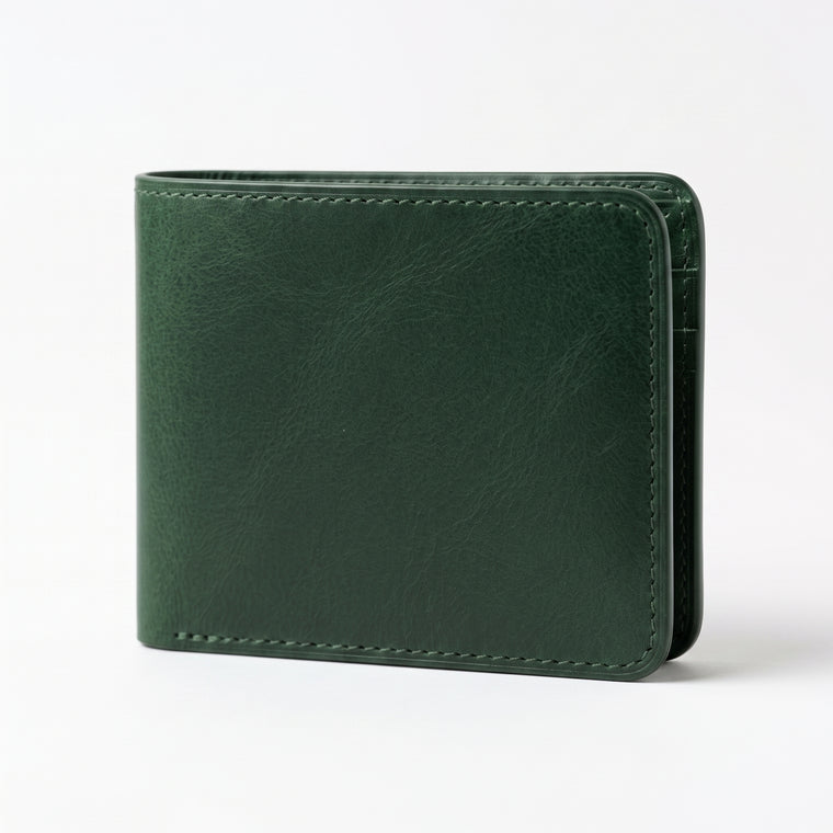 A dark green leather bifold wallet with visible stitching and a textured finish, shown standing upright on a clean white background.