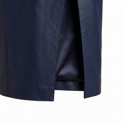 Navy Blue Side-Slit Leather Midi Skirt – Women’s Leather Skirt