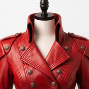 Women's Red Double-Breasted Military Gothic Leather Trench Coat