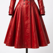 Women's Red Double-Breasted Military Gothic Leather Trench Coat