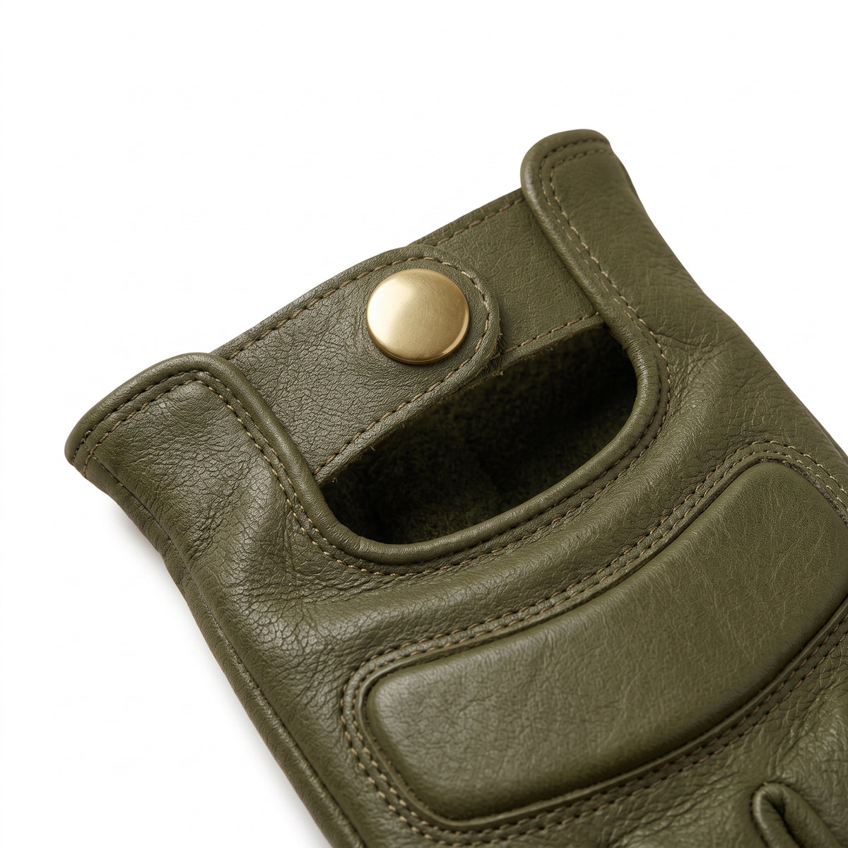**"Close-up of olive leather motorcycle glove's wrist snap closure"**
