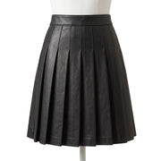"A black leather pleated mini skirt on a mannequin, showing a smooth waistband and full box pleats creating an A-line silhouette against a white background."