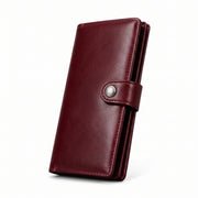 Burgundy Genuine Leather Long Bifold Wallet with Snap Button