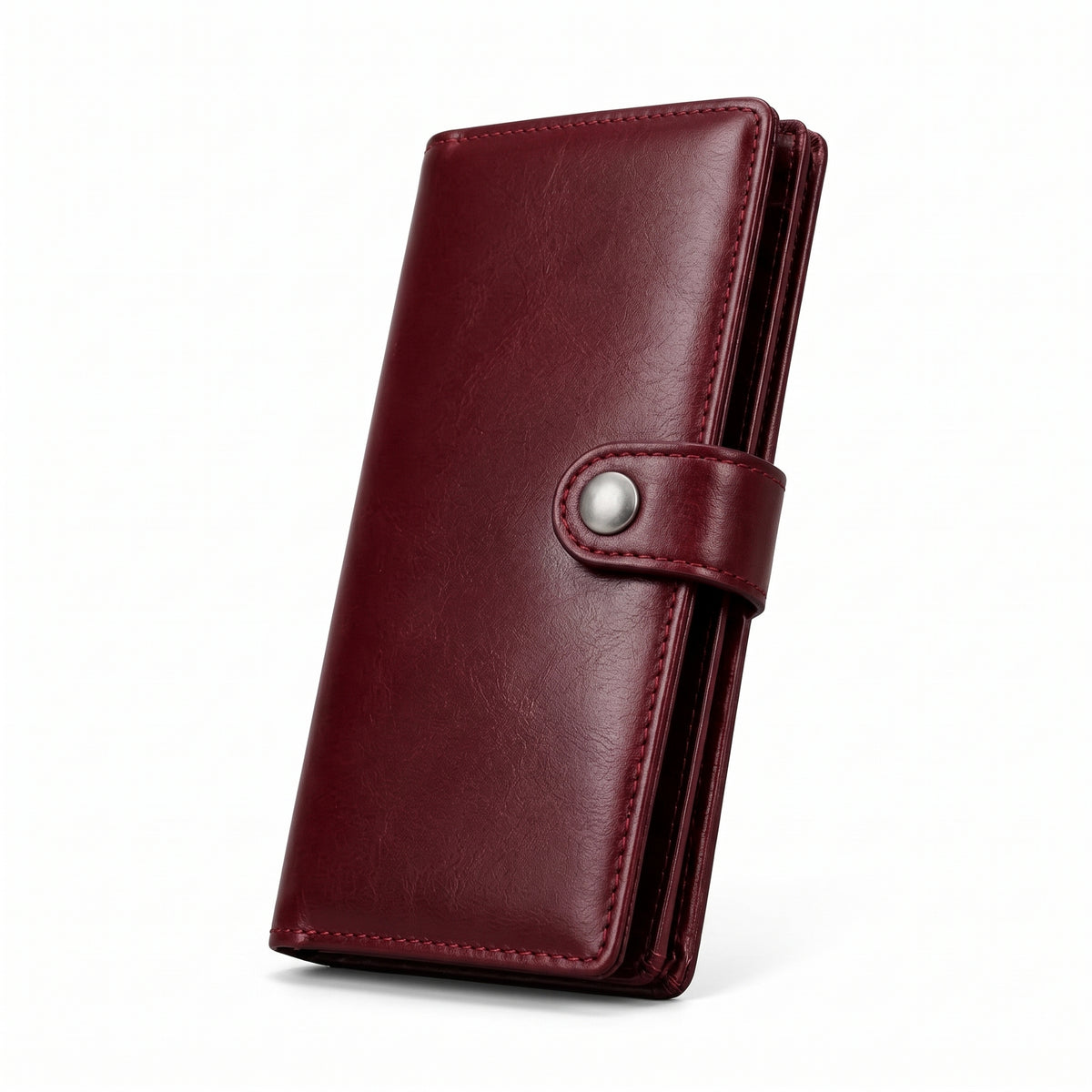 Burgundy Genuine Leather Long Bifold Wallet with Snap Button