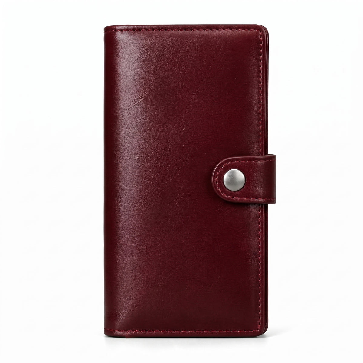 Burgundy Genuine Leather Long Bifold Wallet with Snap Button