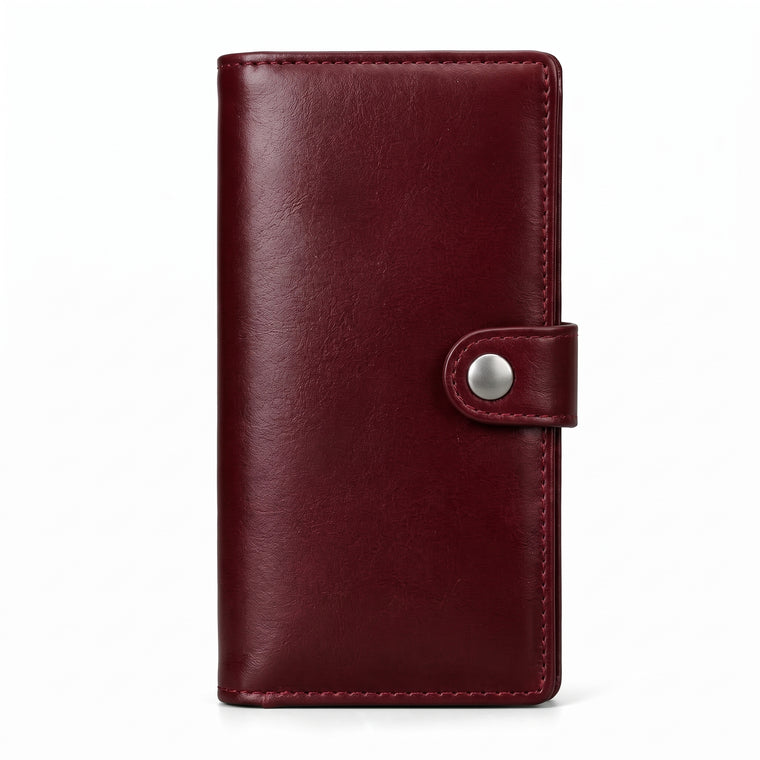 Burgundy Genuine Leather Long Bifold Wallet with Snap Button