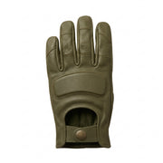 **"Olive green leather motorcycle glove with knuckle padding and snap strap"**