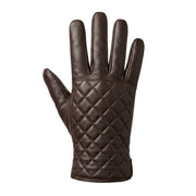 "A single dark brown leather glove laid flat with fingers spread, showing diamond-quilted stitching on the back of the hand against a white background."