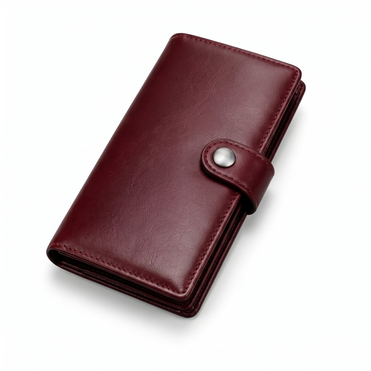 Burgundy Genuine Leather Long Bifold Wallet with Snap Button
