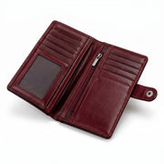 Burgundy Genuine Leather Long Bifold Wallet with Snap Button