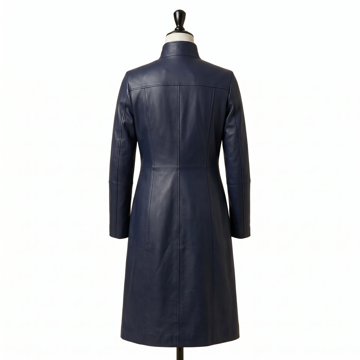 "Back view of a navy blue leather coat with a stand collar and fitted A-line silhouette, displayed on a mannequin against a white background."