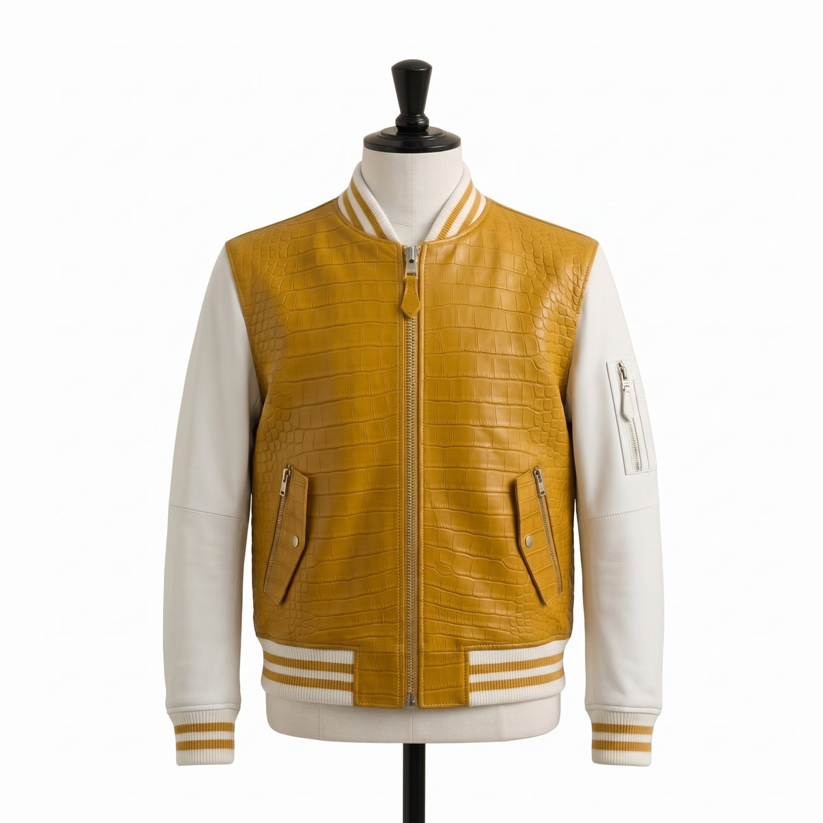 "Mustard yellow croc-embossed leather varsity jacket, front view on mannequin"