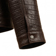 Men’s Dark Brown Crocodile Embossed Leather Trucker Jacket
