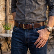 Men's Brown Leather Belt – Antique Brass Buckle Classic Style