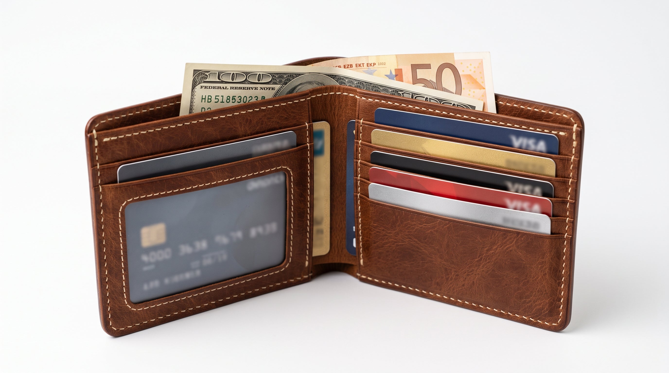 Leather Wallets for Men – Genuine Brown Bifold Leather Wallet with Multiple Card Slots