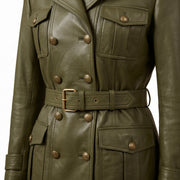 Women’s Olive Green Leather Trench Coat with Fur Collar