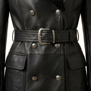 Women’s Double-Breasted Leather Trench Coat with Fur Collar
