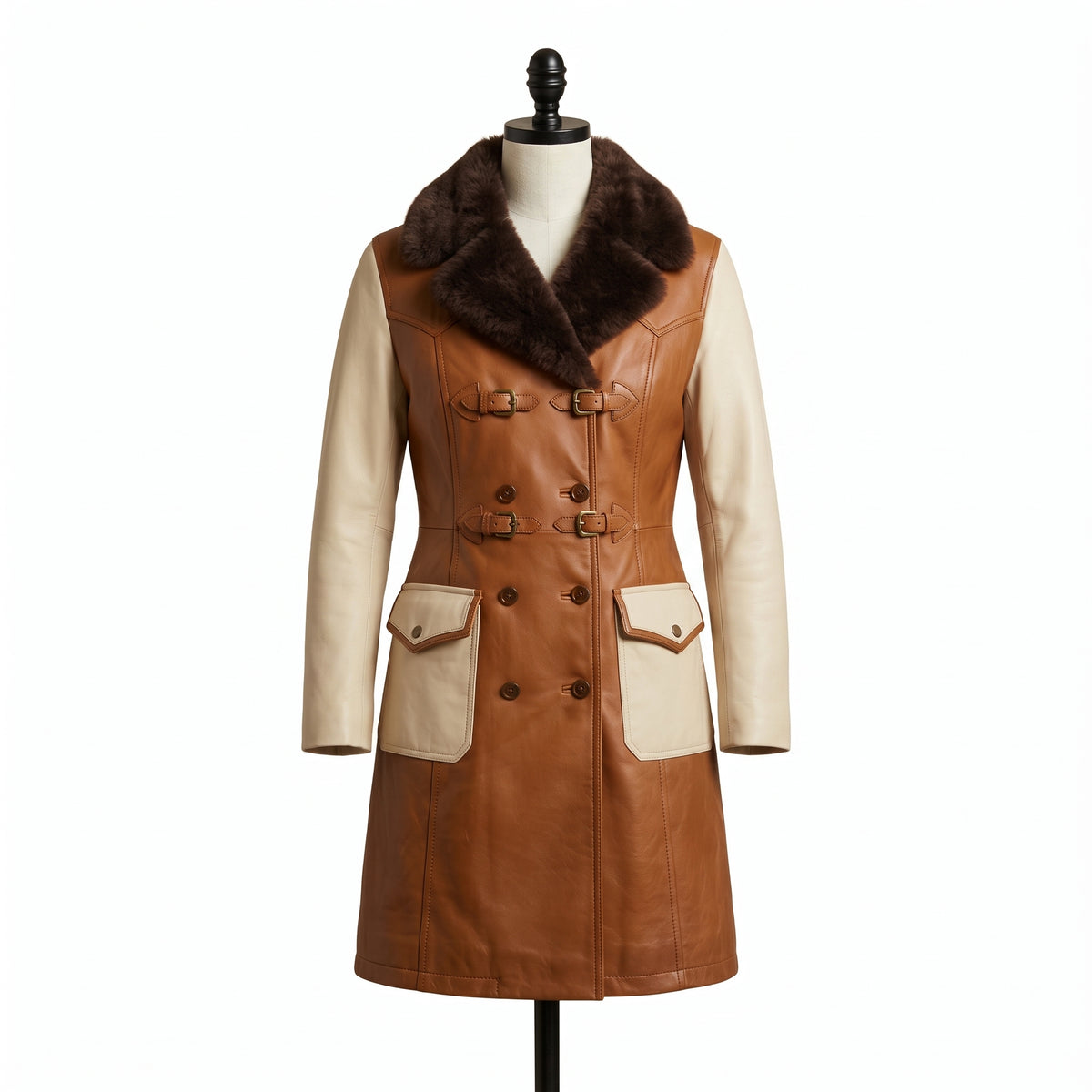 Women’s Two-Tone Leather Trench Coat  with fur collar