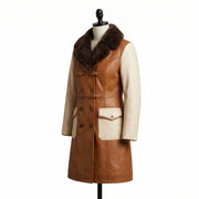 Women’s Two-Tone Leather Trench Coat  with fur collar