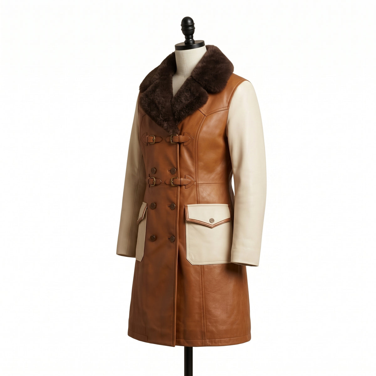 Women’s Two-Tone Leather Trench Coat  with fur collar