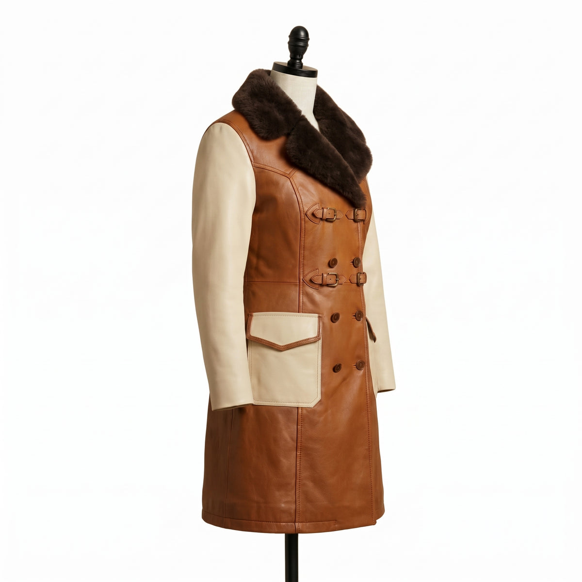 Women’s Two-Tone Leather Trench Coat  with fur collar