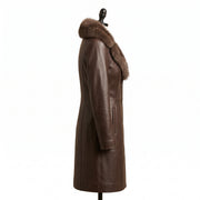 Women’s Single-Breasted Brown Leather Coat with Fur Collar